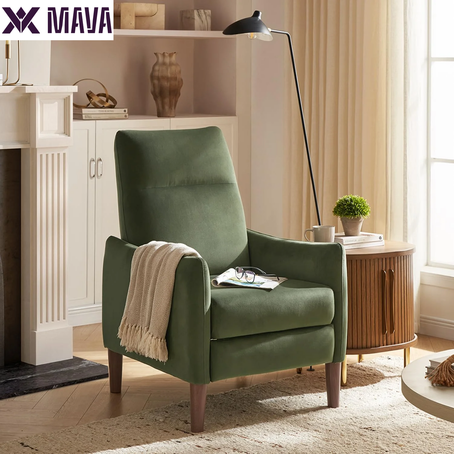 MAVA Recliner Chair with 3 Positions, Premium Velvet Accent Chair, Mid Century Modern Reading Chair, High Back Padded Support Comfy Sleeper Armchair, Nursery Chair for Living Room, Bedroom