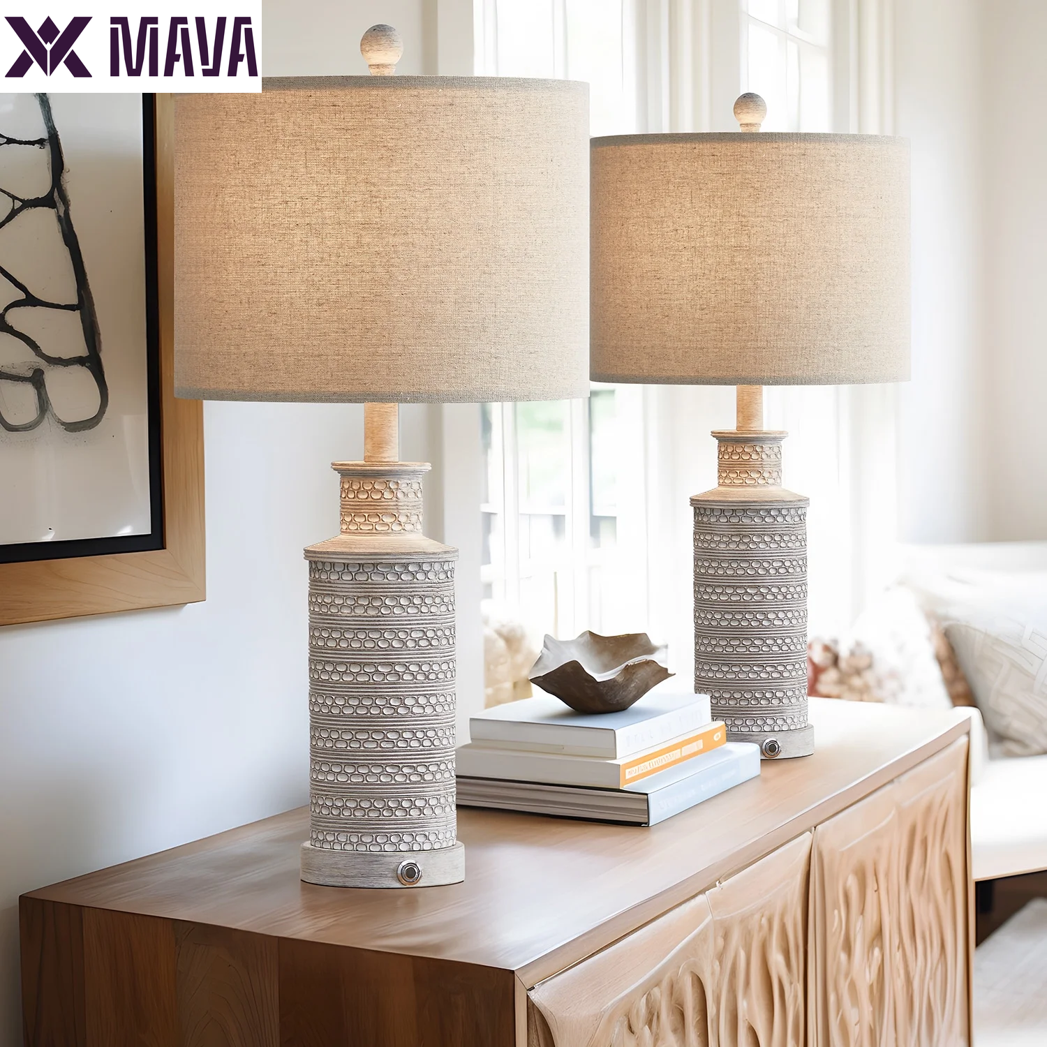 MAVA Dimmable Table Lamp Set of 2 with USB Ports for Bedroom Living Room 24.5"