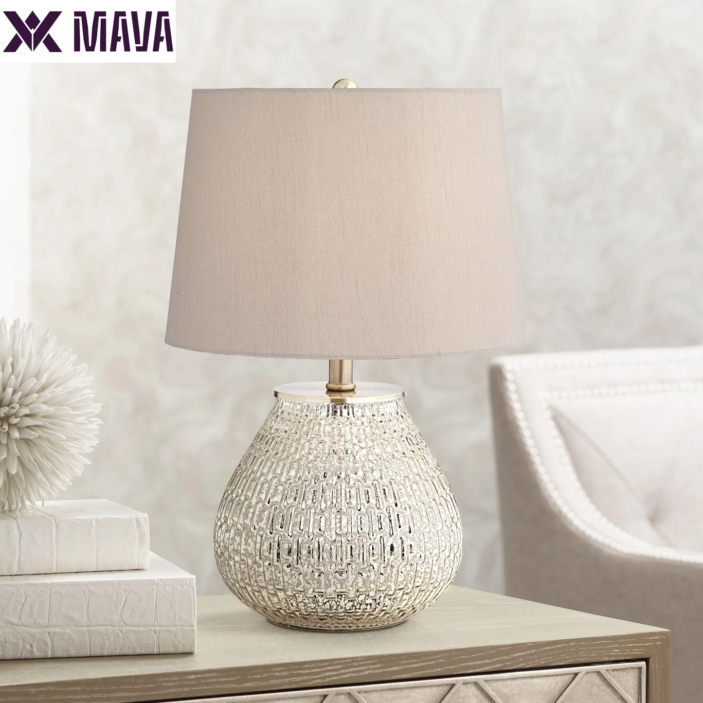 MAVA Accent Table Lamps 19 1/2" High Set of 2 Mercury Glass Teardrop Gray Drum Shade for Bedroom Bedside