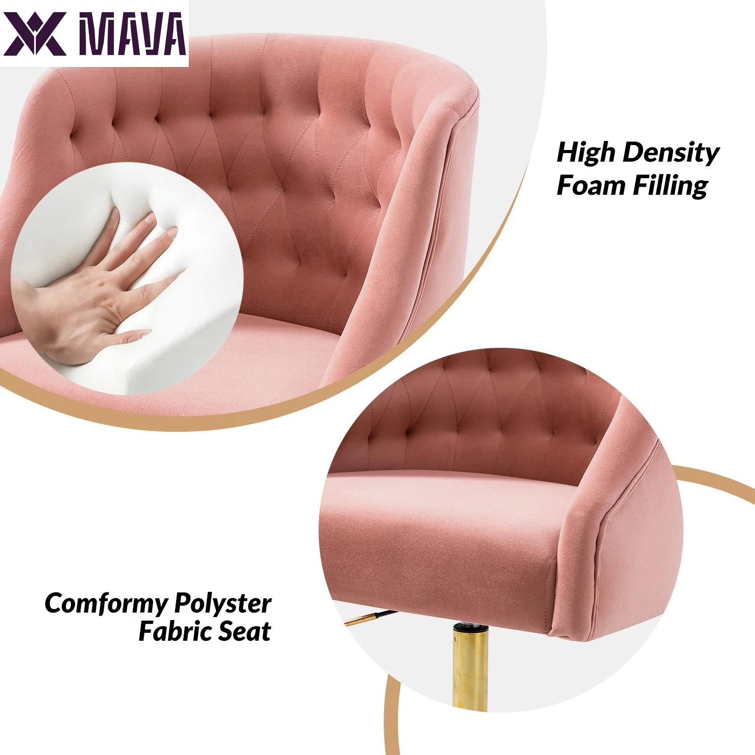 MAVA Modern Home Task Chair Swivel Rolling Computer Velvet Fabric Gold Legs Makeup Vanity Chairs Adult Pink