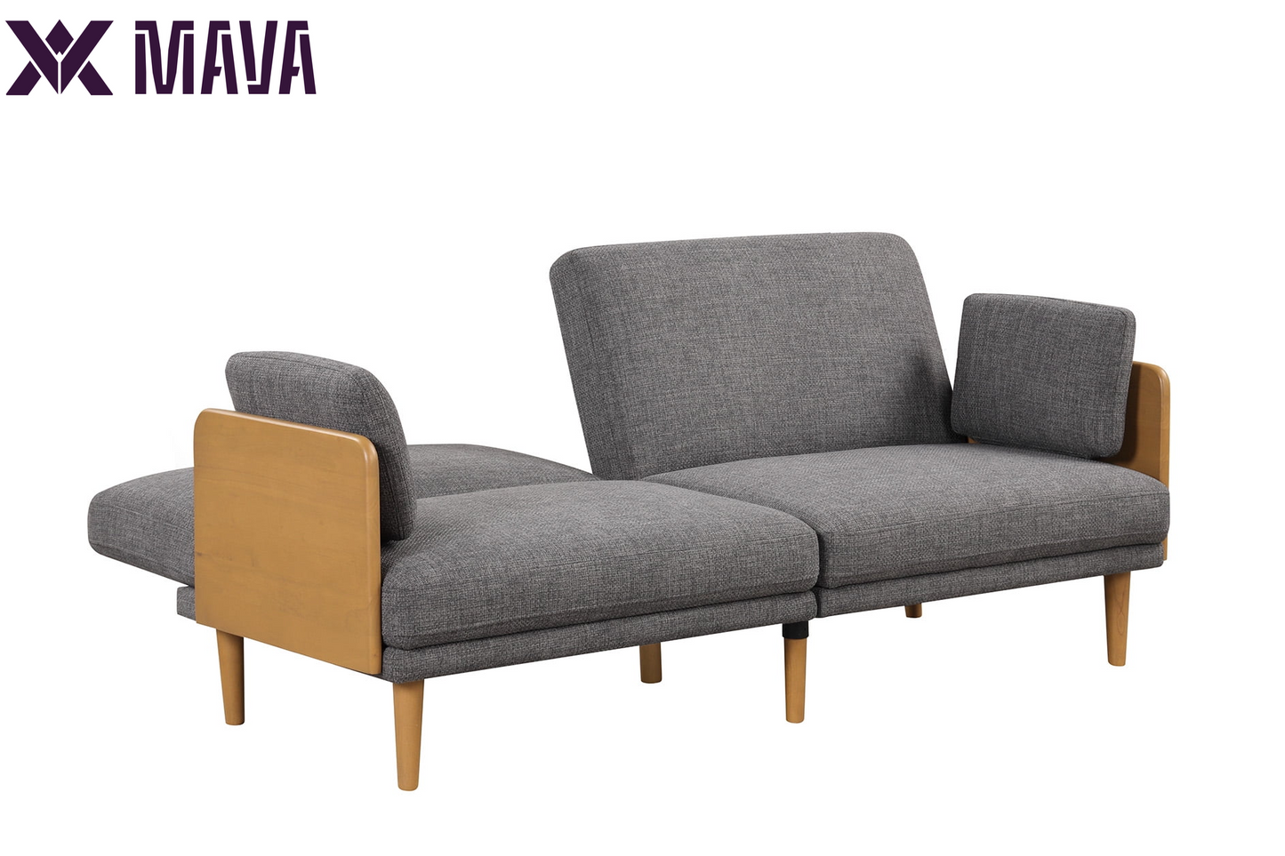 MAVA 73" Reading Futon, Natural Rubber Wood Legs & Arms, Grey Linen Fabric