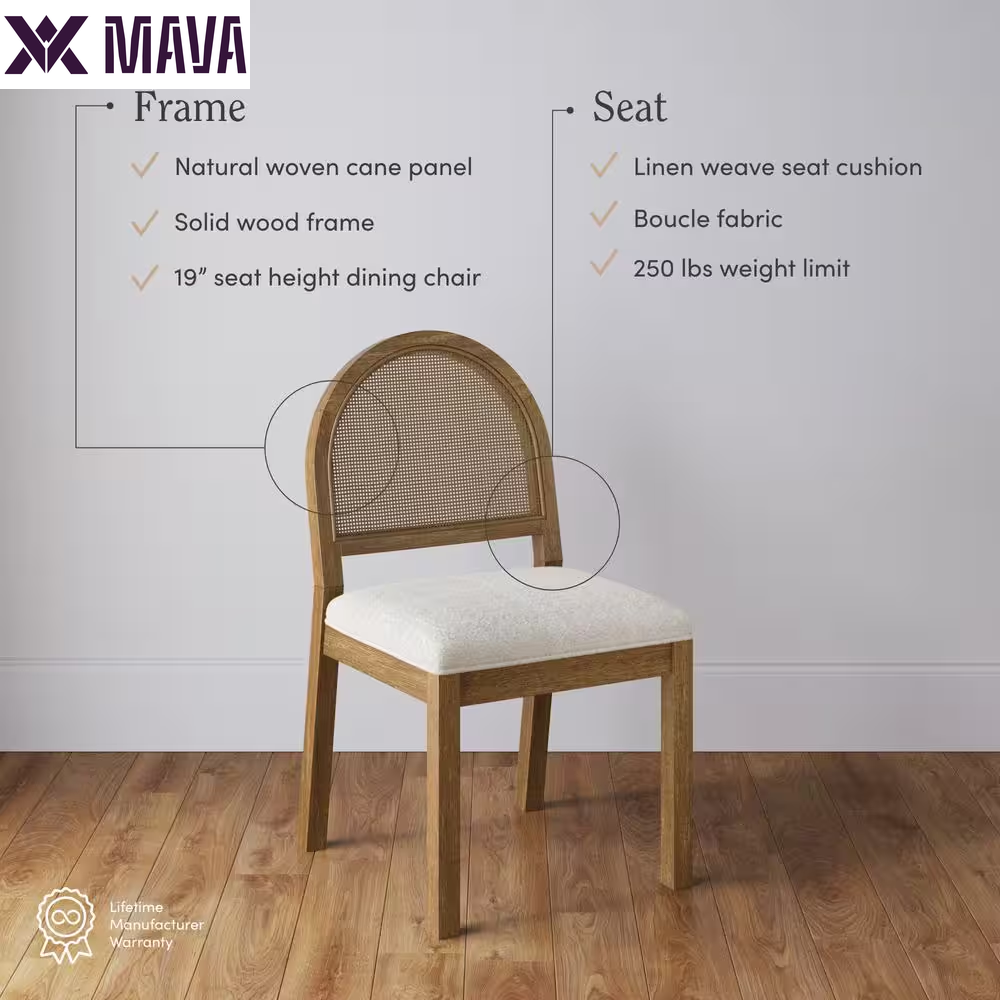 MAVA 19 In. Light Brown Natural Woven Rattan Back and Solid Wood, Legs Dining Chair with Padded Seat