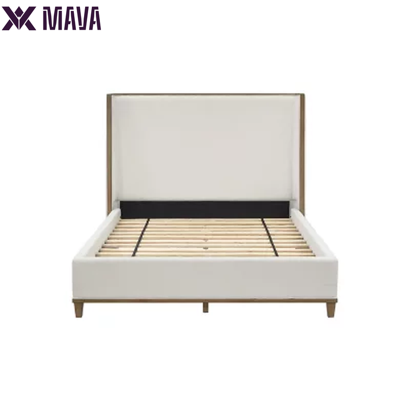 MAVA Beige Fabric Upholstery and Wood Queen Size Bed Frame