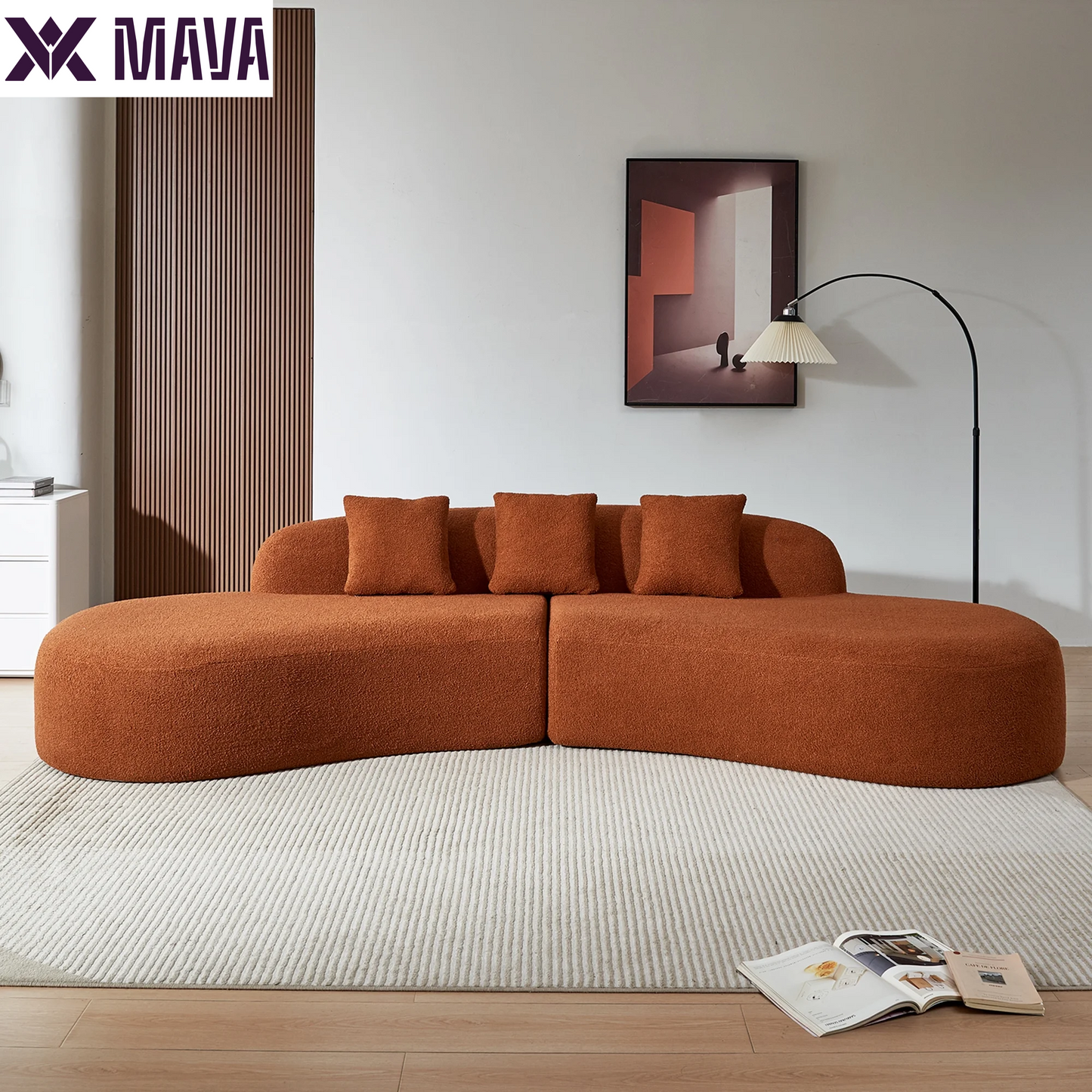 MAVA 119'' Curved Sofa Couch, Modern Half Moon Living Room Sofa, Luxury Sectional Sofa Couch with High-Density Foam Filled, Comfy Sherpa Lamb Fabric Sectional Sofa for Apartment, Office, Beige