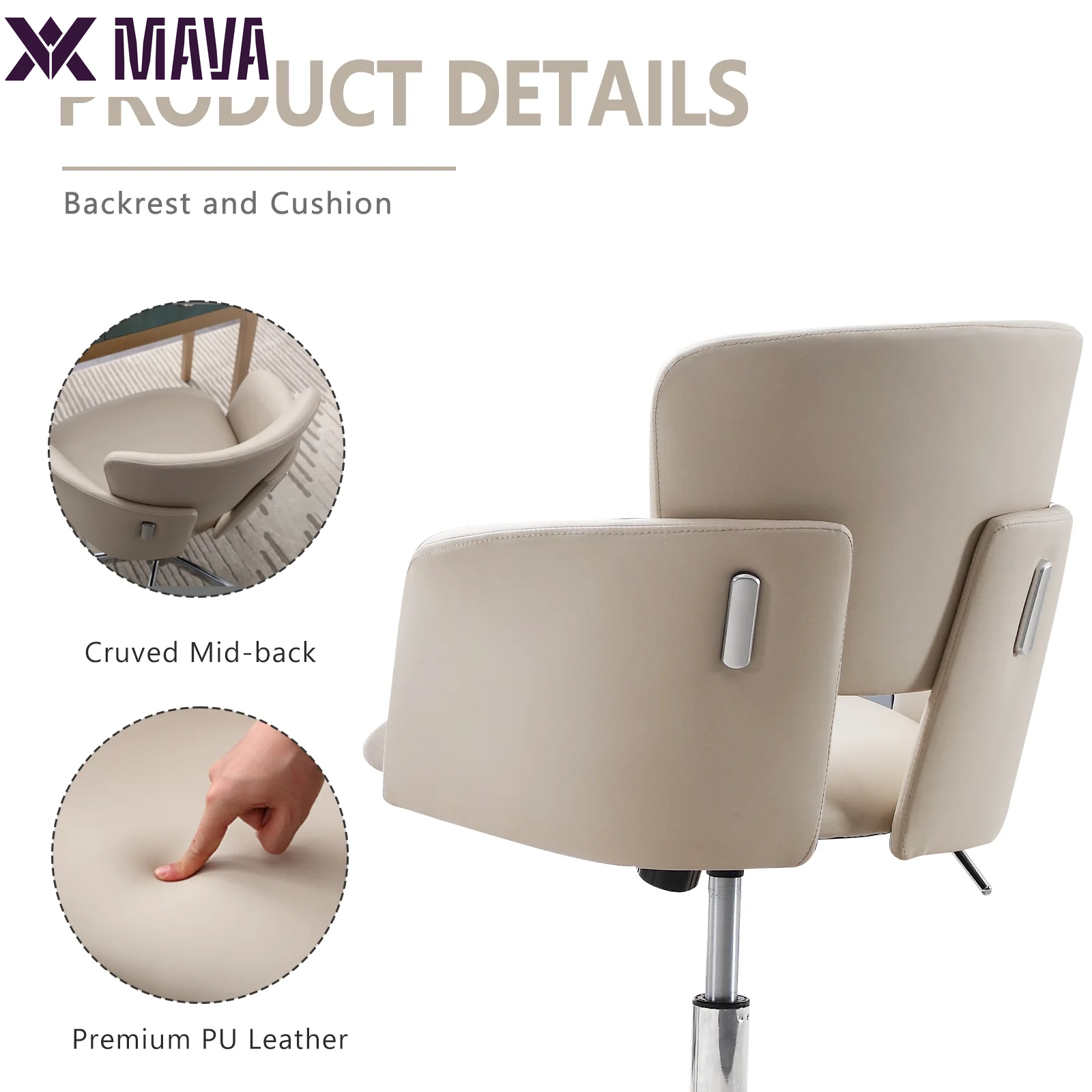 MAVA Office Chair, Ergonomic Home Office Chair, PU Leather Upholstered Computer Chair with Wheels & Adjustable Height, Modern Desk Chair Swivel Arm Chairs for Living Room Bedroom Office, Beige