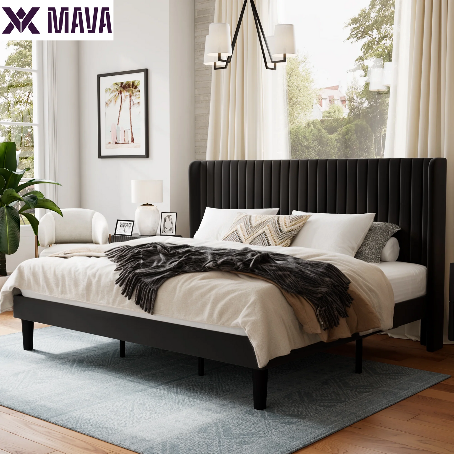 MAVA Queen Size Upholstered Platform Bed Frame with Velvet Channel Wingback Headboard, off White