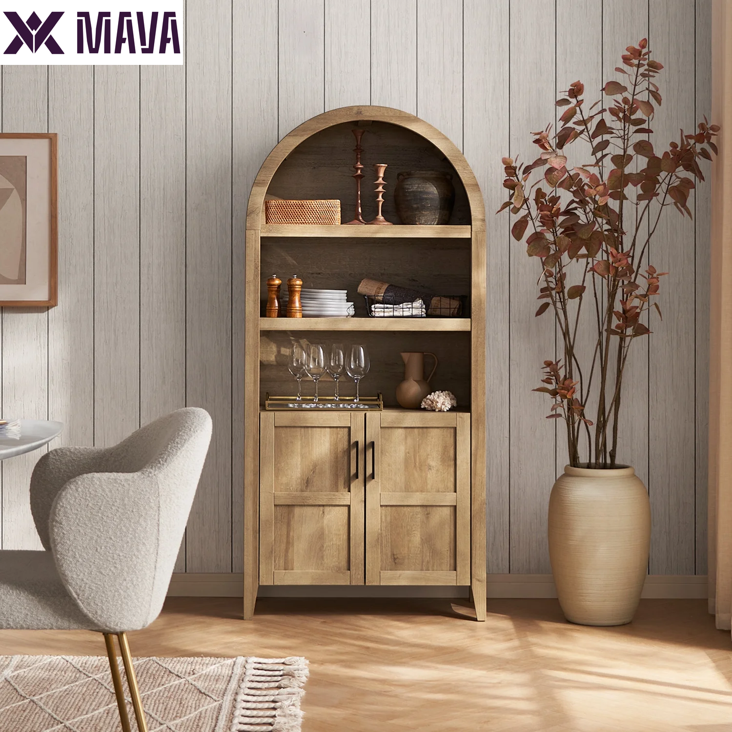 MAVA 65.4" Arched Cabinet, 5-Tier Arched Bookcase with Doors and Shelves, Arched Bookshelf with Storage, Kitchen Pantry Cabinet, Wooden Storage Cabinet for Living Room, Kitchen (Oak)