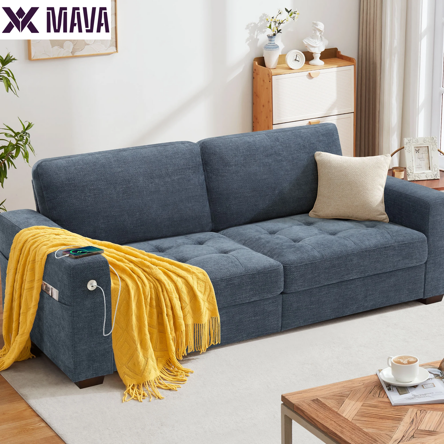 MAVA 89'' Comfy Sofa Couch for Living Room, Modern Deep Seat Couch with Wide Armrest, Removable Cover, Chenille Fabric Couches for Small Space, Apartment, 3 Seater(Beige)