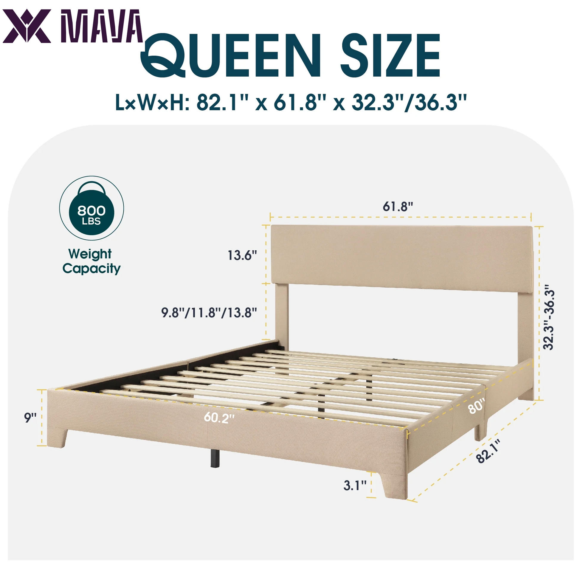 MAVA Queen Upholstered Platform Bed Frame with Adjustable Headboard, No Box Spring Needed, Beige