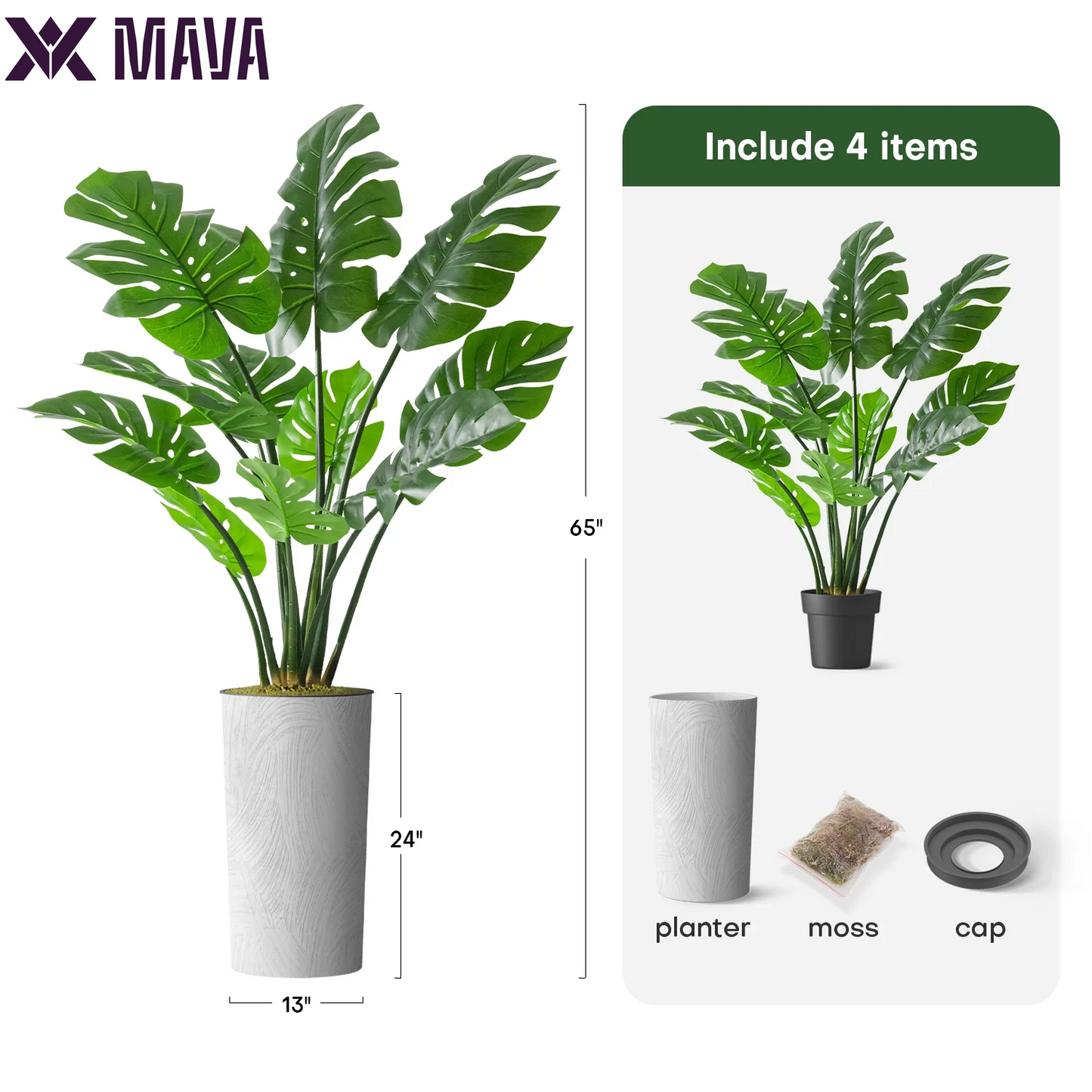 MAVA Artificial Tree in White Marble Effect Planter, Fake Monstera Silk Tree for Indoor and Outdoor Home Decoration - 65" Overall Tall (Plant Pot plus Tree)