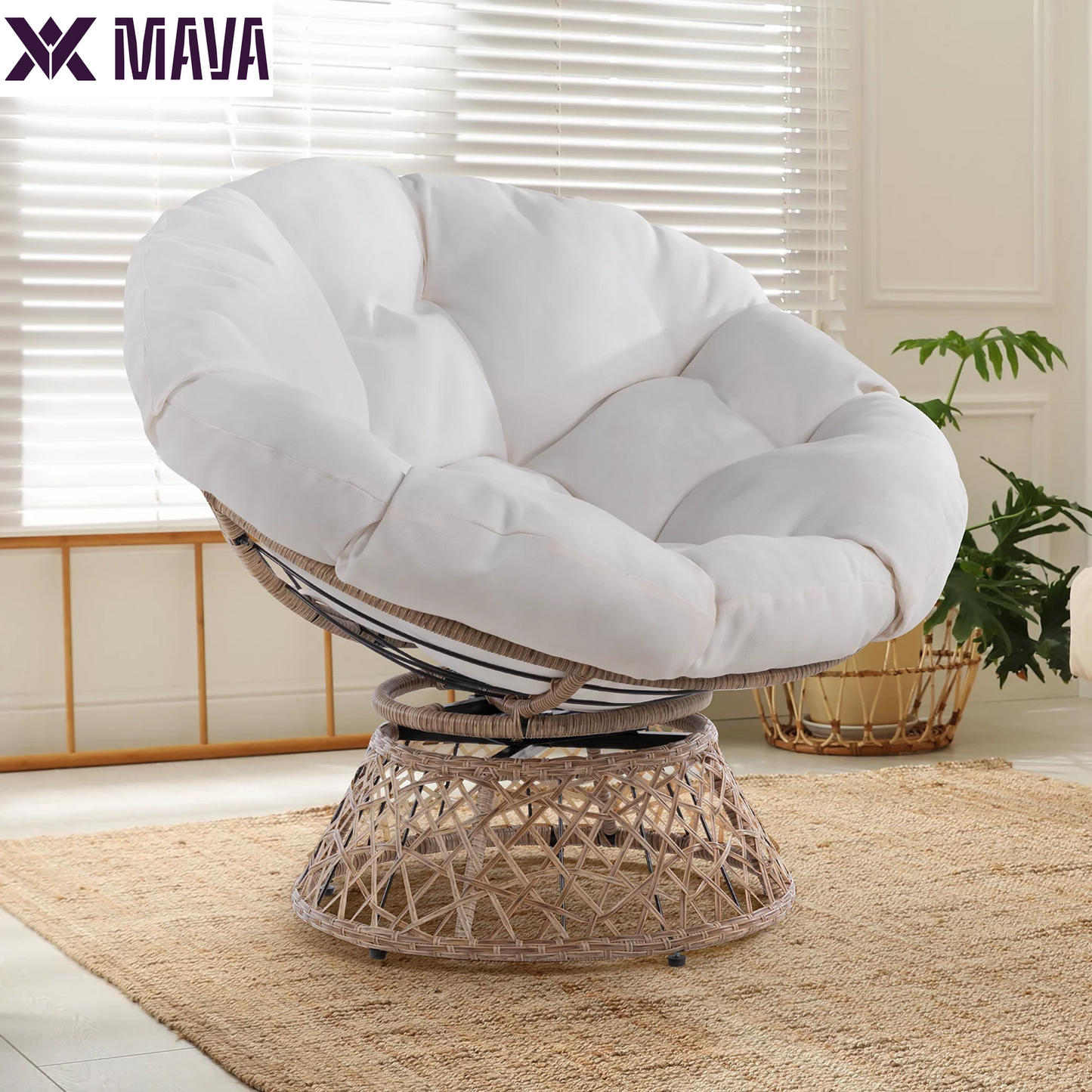 MAVA 360 Swivel Comfy Papasan Chair with Fabric Cushion, Pure Pearl - White Frame