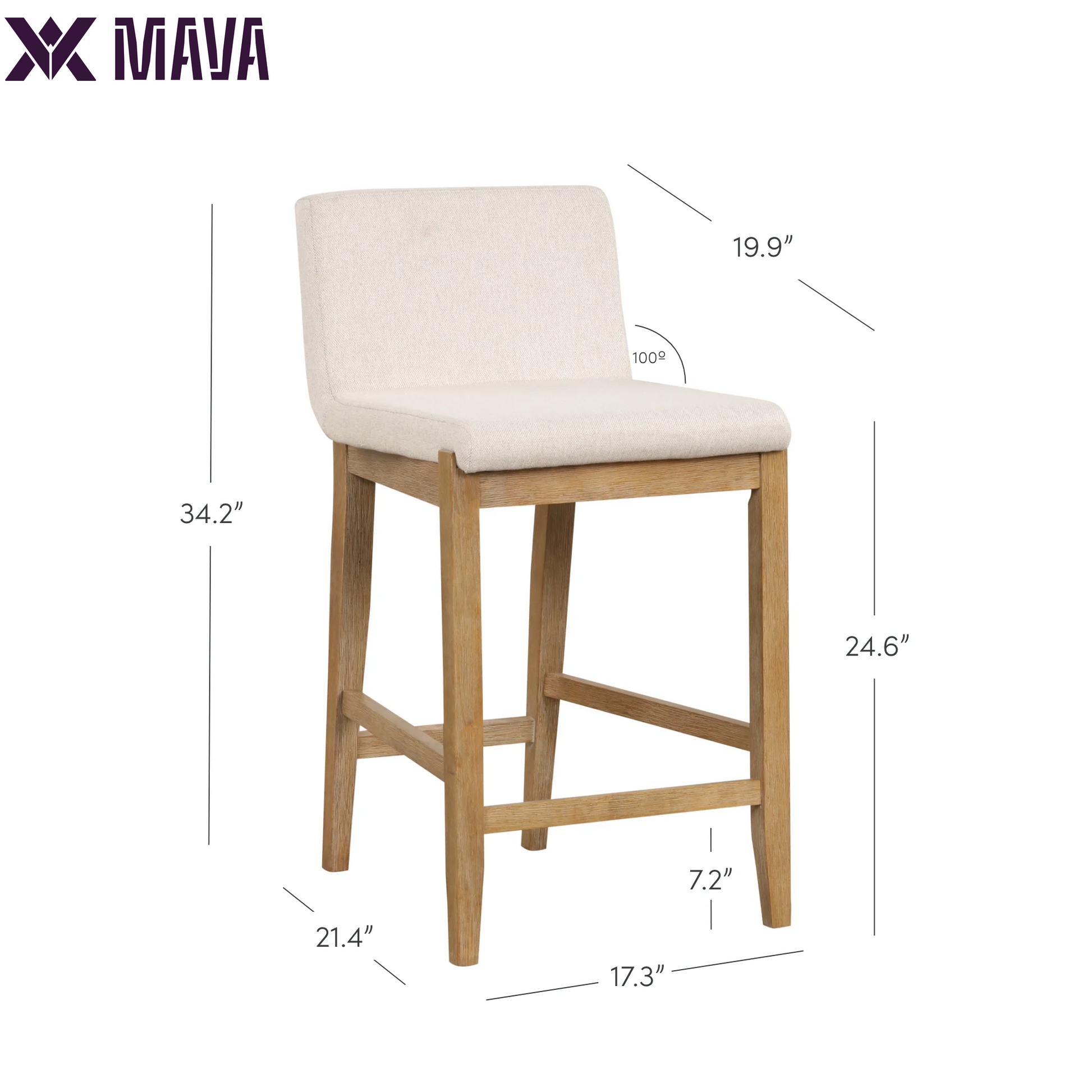 MAVA Modern Counter Height Bar Stool with Back, Counter Stool Upholstered Chair with Natural Flax White Fabric and Brushed Wooden Legs