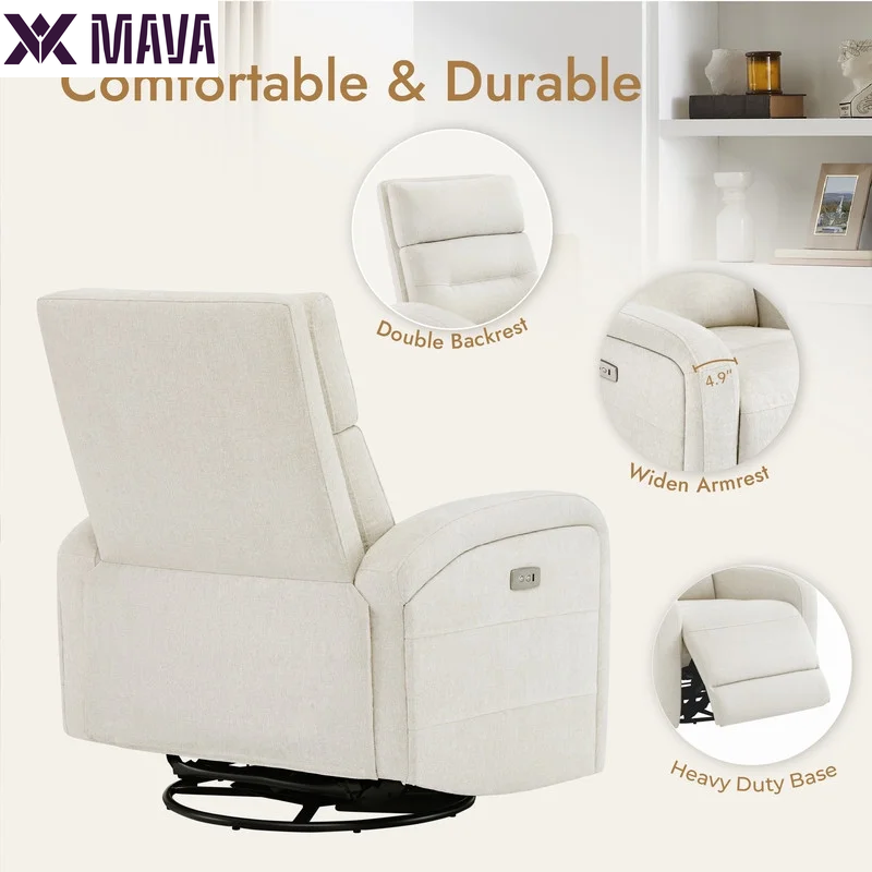 MAVA Fabric Electric Power Glider Swivel Rocker Recliner Chair for Nursery with USB Charge, Linen