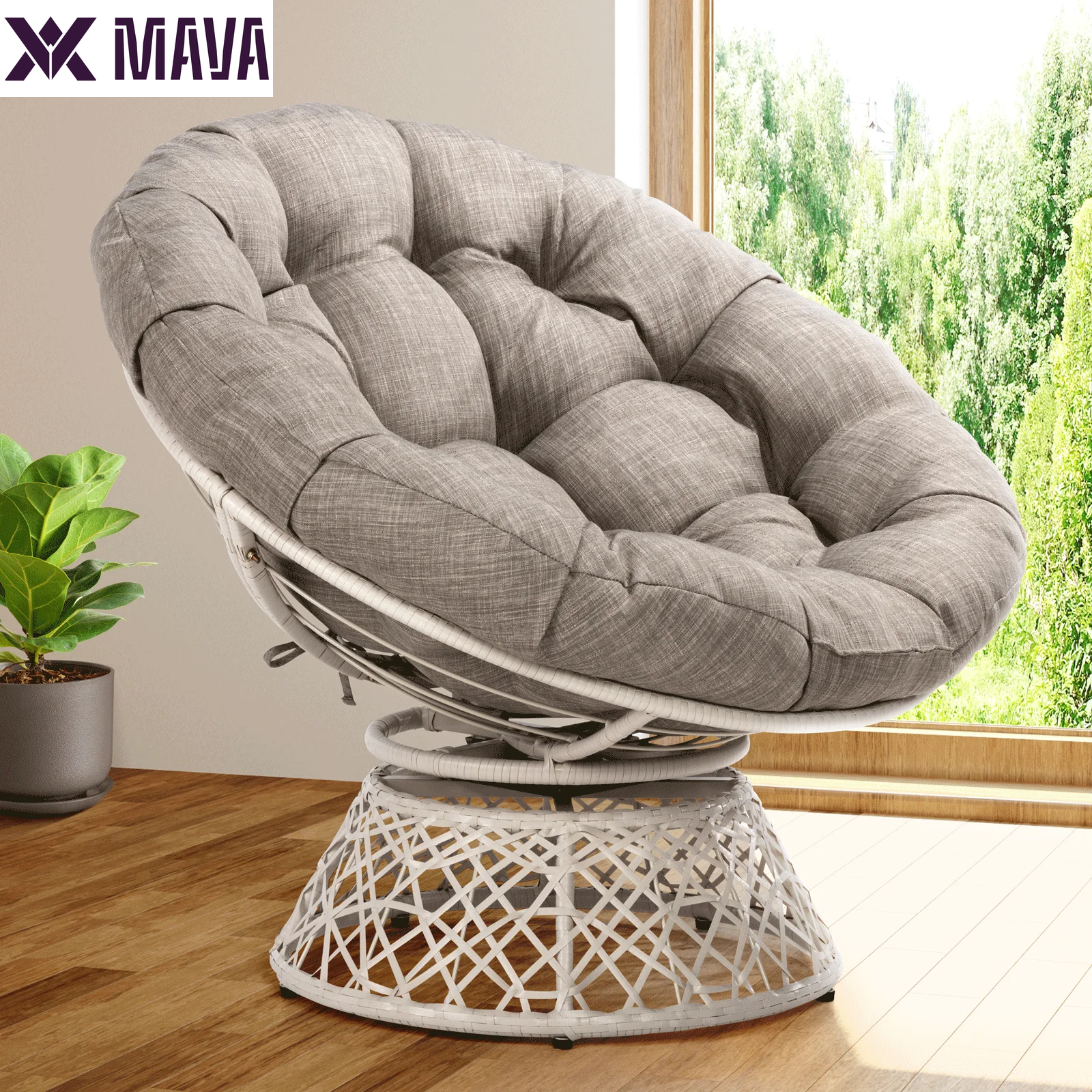 MAVA 360 Swivel Comfy Papasan Chair with Fabric Cushion, Pure Pearl - White Frame